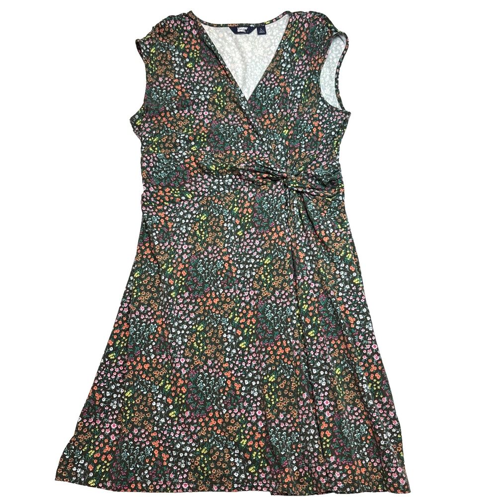 Lands End Dress Faux Wrap Brown Multicolor Floral Sleeveless Sz Large 14-16